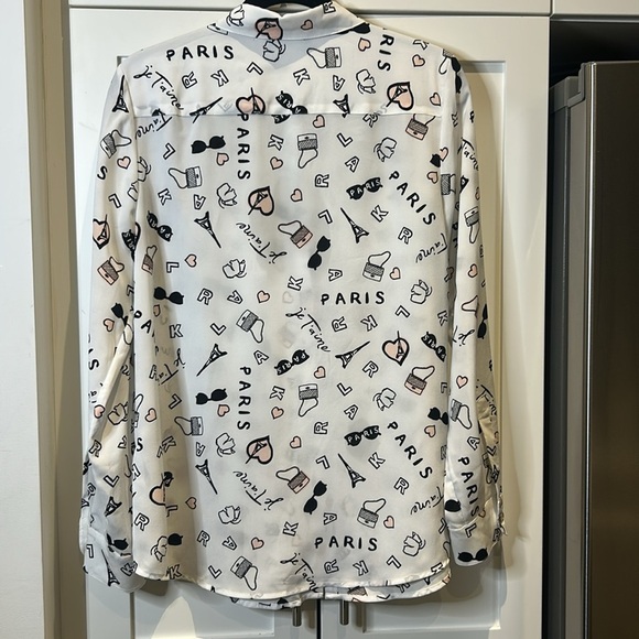 Karl Lagerfeld French Streets Roll Sleeve Button Down Blouse White & Black Sz M - Picture 10 of 17